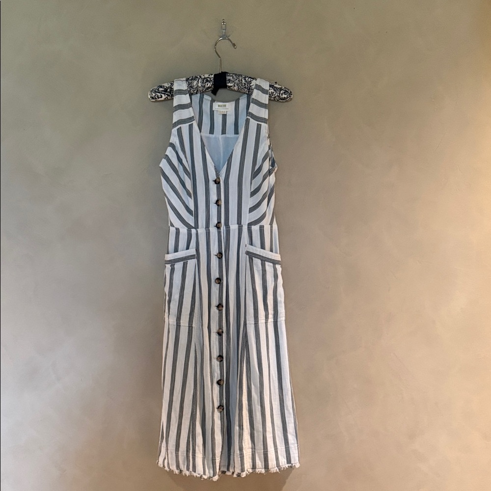 Anthropologie Maeve Leslie Striped Button-Front Midi Dress in White and Black - Picture 3 of 6